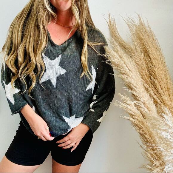 WISHLIST NORDSTROM Grey Gray White Stars Bold Chunky Knit Pullover Sweater M L - Picture 12 of 12